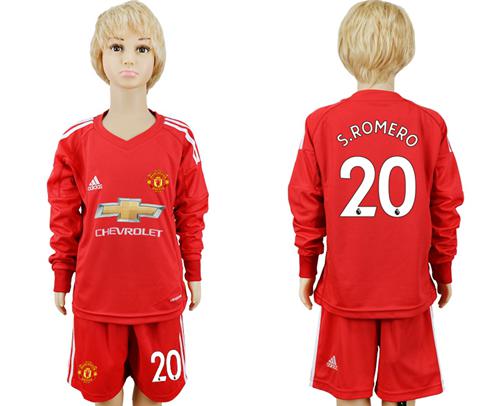Manchester United #20 S.Romero Red Goalkeeper Long Sleeves Kid Soccer Club Jersey